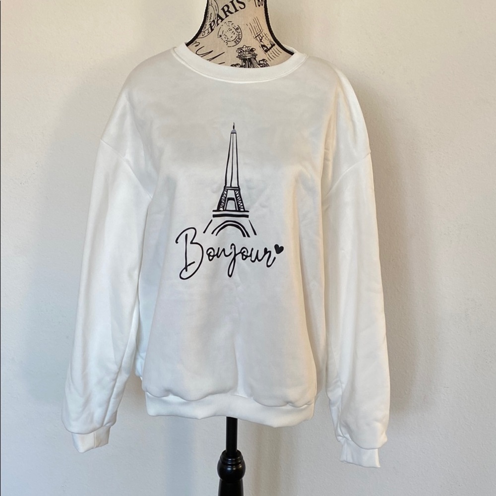 White Bonjour Eiffel Tower Sweater
